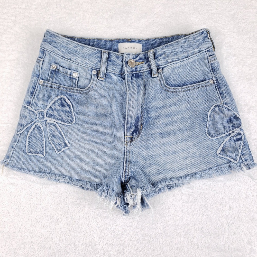 PacSun High Rise Festival Denim Shorts Light Wash Bow Applique Size 25